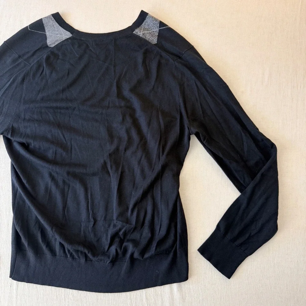 Banana Republic Argyle V-Neck Sweater Mens Large Black Grey Silk Cashmere Blend